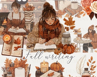 Cozy Writing In Fall watercolor clipart, autumn planner notes free commercial PNG, Fall Writer’s Desk, Journal, Reading, Autumn Stationery