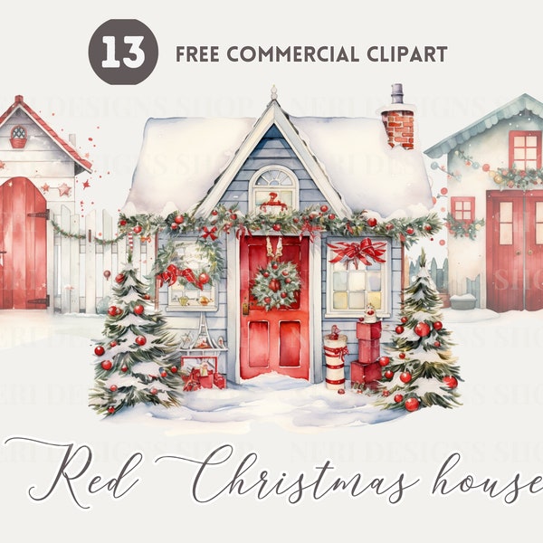 Winter red house Watercolor Clipart Bundle, Christmas Red Home Free Commercial PNG, Holiday House Illustration, Merry and Bright Residence