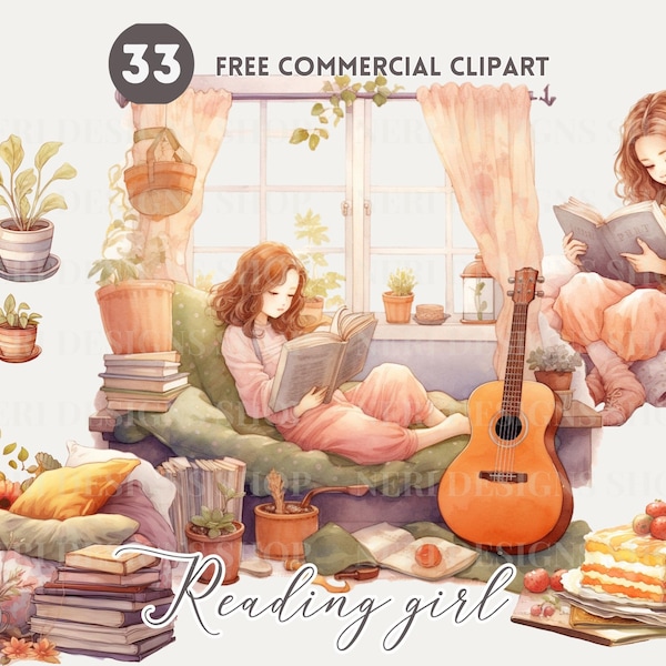 Reading Girl Watercolor Clipart Bundle, Cozy Bedroom reading Free Commercial PNG, cute girl, kitty Illustration, Cake, Book, Room Graphics