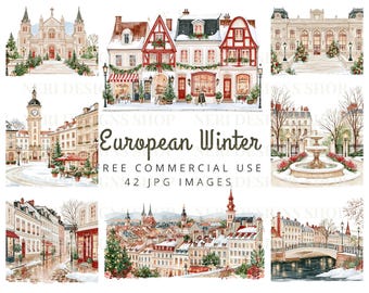 Winter City Europe Watercolor Clipart, Snowy Streets, Cafés, Trams and Historic Buildings