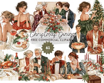 Formal Christmas Dinner Clipart,  Watercolor Holiday Diners with Family, Couple Date, Festive Table Setting, Free Commercial Use