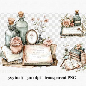 May include: Watercolor illustration featuring vintage elements. The image includes glass bottles with cork stoppers, antique books, roses, and a small framed picture. The color palette is soft, with muted greens, pinks, and browns, creating a romantic, nostalgic feel.