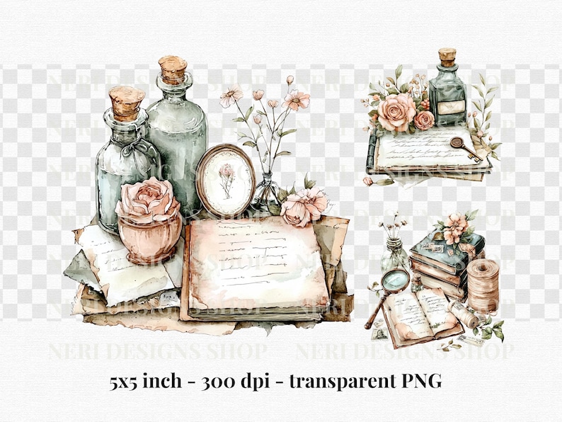 May include: Watercolor illustration featuring vintage elements. The image includes glass bottles with cork stoppers, antique books, roses, and a small framed picture. The color palette is soft, with muted greens, pinks, and browns, creating a romantic, nostalgic feel.
