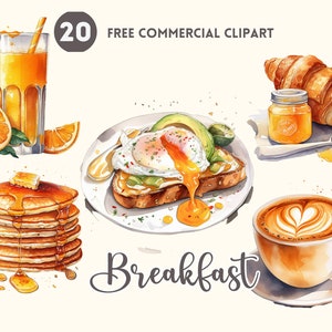 Breakfast food Watercolor Clipart Bundle Free Commercial Breakfast PNG Clipart Morning meal Illustration Downloadable clipart