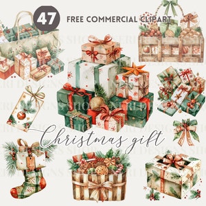 Op de afbeelding: Een verzameling aquarel illustraties van kerstcadeaus, waaronder een stapel ingepakte cadeaus, een mand vol cadeaus, een sok en een cadeaudoos. De illustraties zijn in een feestelijke stijl met rode, groene en gouden accenten.