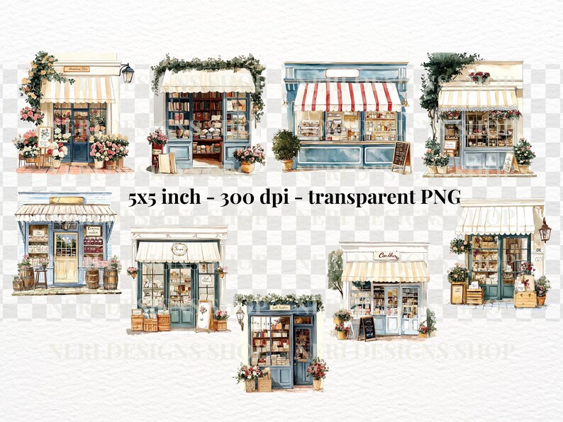 May include: Watercolor illustrations of quaint storefronts with awnings, flowers, and detailed architectural elements. The image includes text that reads "5x5 inch - 300 dpi - transparent PNG". The shops are in shades of blue, cream, and white.