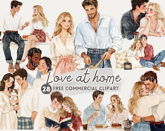May include: A collection of watercolour illustrations showing couples in domestic settings. Scenes include cooking, reading, and cuddling, with the text "Love at home" and "28 FREE COMMERCIAL CLIPART". The artwork uses soft colours and romantic themes.