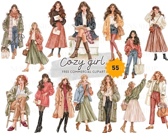 Cozy Fall and Winter Fashion Clipart, Watercolor Autumn Outfit Illustrations, Sweaters, Trench Coat and Boots, Street Style Girl Graphic