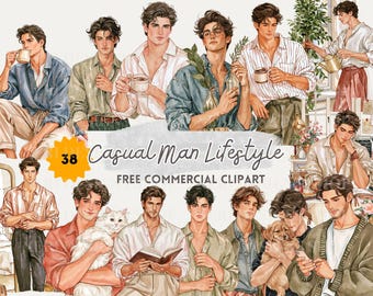 Modern Man Lifestyle Clipart, Watercolor Casual Man Reading, Cooking and Working for Digital Planners