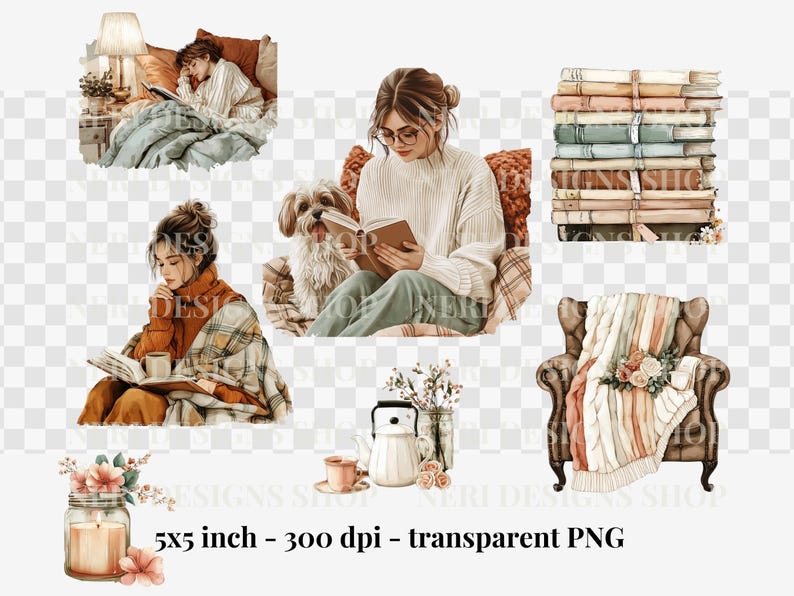 Cozy Reading Girl Watercolor Clipart, Book Lover Free Commercial PNG