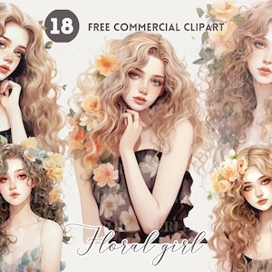 Bloemen meisje aquarel clipart, Blonde vrouw en bloem Gratis commerciële PNG set, Golvend haar, vrouwelijk, elegantie, chique, romantische sprookjessfeer