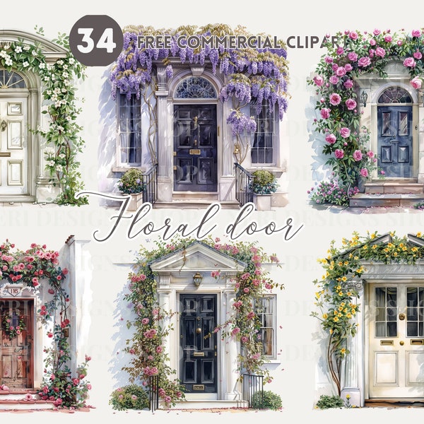 Floral Door watercolor clipart bundle, Blooming London doorway free commercial png, Wisteria, Rose Adorned Classic Regency Door Illustration