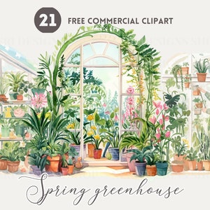 Pacote de clipart em aquarela de estufa exuberante de primavera, conjunto PNG comercial gratuito de jardinagem, ilustração de planta macia de mulher, arte feminina de jardinagem