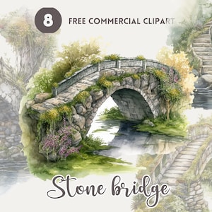 Stone arch bridge watercolor clipart bundle Rustic bridge Free commercial watercolor clipart set Garden bridge illustration set Footbridge
