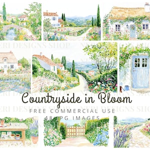 Pode incluir: Ilustrações em aquarela de cenas campestres idílicas. As imagens retratam casas de campo charmosas, pontes de pedra e caminhos sinuosos, todos rodeados por vegetação exuberante e flores desabrochando. O texto diz "Countryside in Bloom".