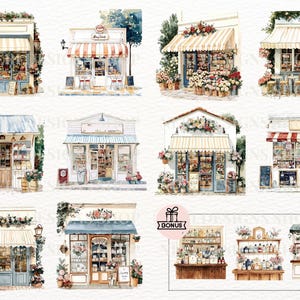 May include: Watercolor illustrations of charming storefronts, including a bakery, flower shop, and general store. Each shop features awnings, detailed displays, and floral arrangements. The artwork evokes a quaint, European village atmosphere, with a bonus image of shelves.