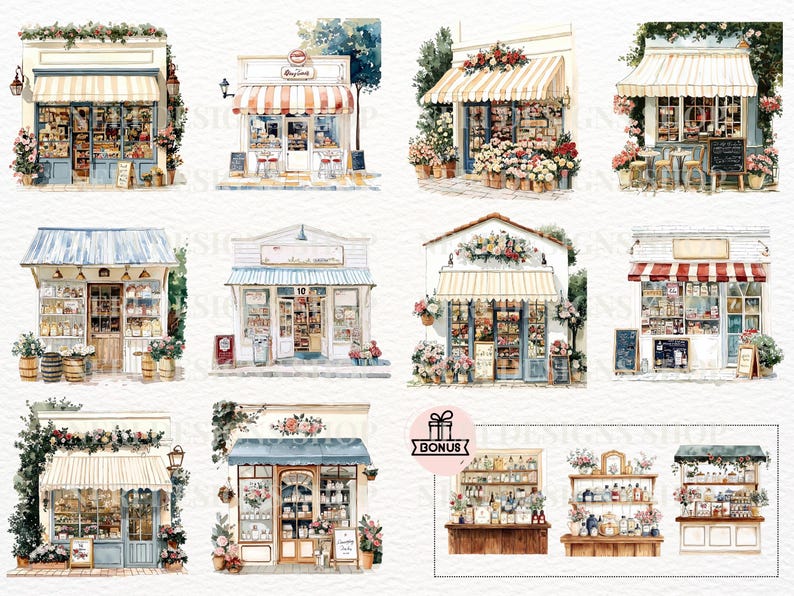 May include: Watercolor illustrations of charming storefronts, including a bakery, flower shop, and general store. Each shop features awnings, detailed displays, and floral arrangements. The artwork evokes a quaint, European village atmosphere, with a bonus image of shelves.