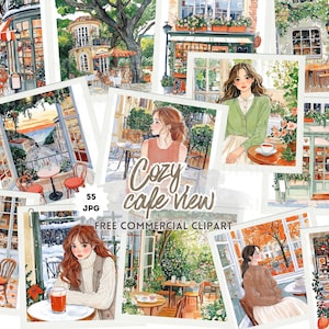 May include: A collection of watercolor illustrations depicting cozy cafe scenes. Each image features outdoor seating, people, and cafe elements. The text "Cozy cafe view" and "Free commercial clipart" are visible.