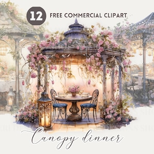 Cena con dosel en acuarela clipart, cena romántica en un mirador PNG comercial gratuito, cena nocturna bajo un gráfico de pérgola