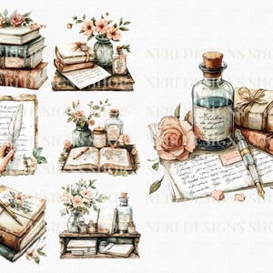 May include: Watercolor illustrations of vintage books, flowers, ink bottles, and a quill pen. The images have a soft, romantic aesthetic with a focus on antique stationery and floral arrangements. The color palette includes muted tones of brown, beige, and pink.
