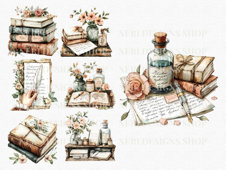 May include: Watercolor illustrations of vintage books, flowers, ink bottles, and a quill pen. The images have a soft, romantic aesthetic with a focus on antique stationery and floral arrangements. The color palette includes muted tones of brown, beige, and pink.