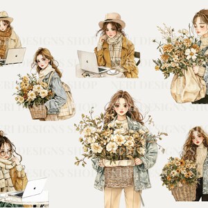 Puede incluir: Ilustraciones digitales de seis mujeres con cabello casta&ntilde;o que visten diferentes atuendos y sostienen ramos de flores amarillas. Las mujeres llevan bufandas, chaquetas y jeans. Las flores est&aacute;n en cestas y bolsas.