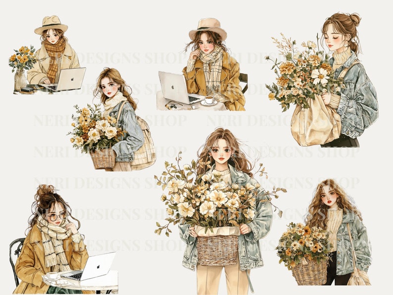 Puede incluir: Ilustraciones digitales de seis mujeres con cabello casta&ntilde;o que visten diferentes atuendos y sostienen ramos de flores amarillas. Las mujeres llevan bufandas, chaquetas y jeans. Las flores est&aacute;n en cestas y bolsas.