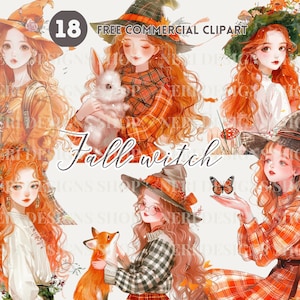 Lot de filles sorcières en forêt en automne, fille aux cheveux orange et renard PNG gratuit, fille de la forêt et lapin, art roux