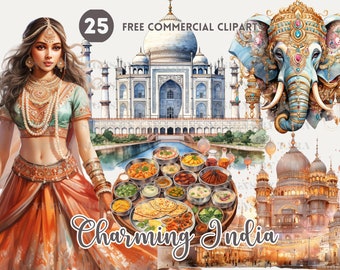 インド文化の水彩画クリップアート集、タージ・マハル、インド象の無料商用PNG、伝統的な衣装を着たインド人女性のイラスト