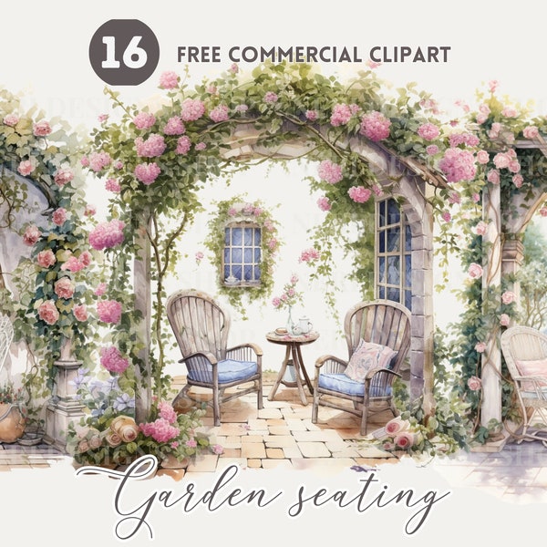 Cozy Garden seating Watercolor Clipart Bundle, backyard seating Free Commercial PNG, Floral Outdoor seating, Cottagecore Illustration