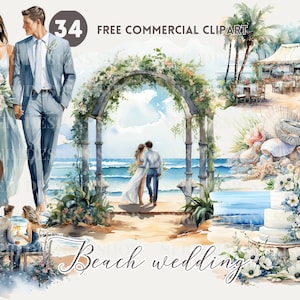 Strand bruiloft scène aquarel clipart bundel, gratis commerciële bruid en bruidegom PNG, bruidstaart, huwelijksboog, ring, locatie illustratie