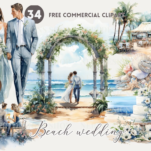 Scène de mariage de plage Aquarelle Clipart Bundle, Mariée et marié commerciaux gratuits PNG, Gâteau de mariée, Arche de mariage, bague, Illustration du lieu