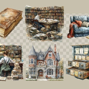 Vintage reading watercolor clipart Classic library Free commercial PNG Librarian, Book lover bookcase old world globe catalog cabinet art zdjęcie 4