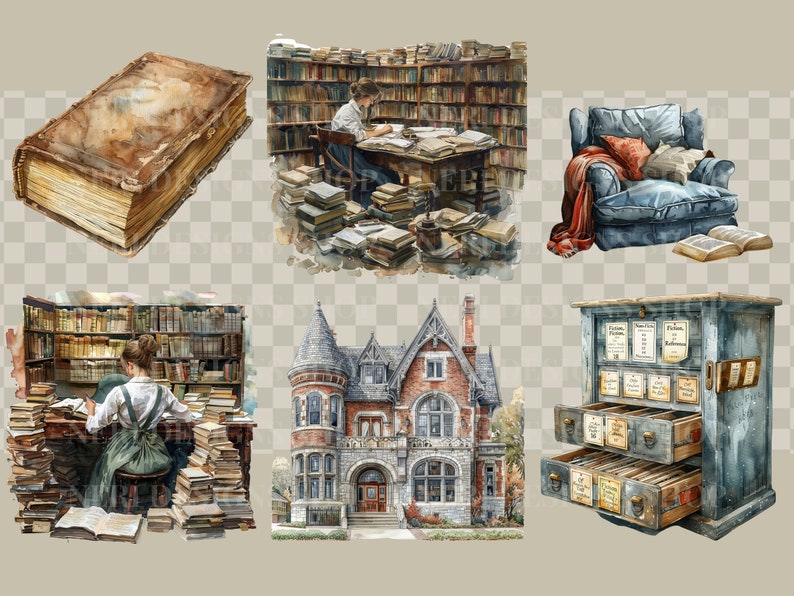 Vintage reading watercolor clipart Classic library Free commercial PNG Librarian, Book lover bookcase old world globe catalog cabinet art zdjęcie 4