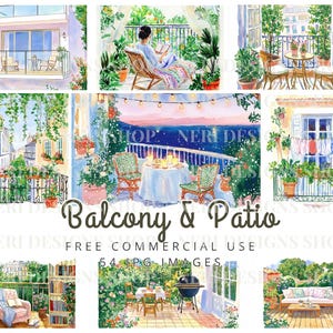 Puede incluir: Ilustraciones en acuarela de balcones y patios, con escenas al aire libre con mesas, sillas y exuberante vegetación. Las imágenes muestran una variedad de entornos, incluyendo una persona leyendo, comedores y una barbacoa. El texto en la imagen dice "Balcony & Patio".
