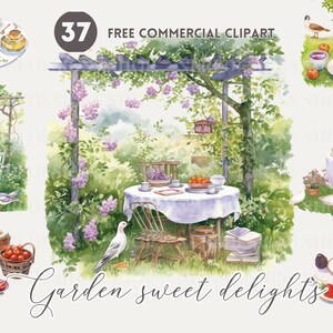 Clipart acquerello raffigurante un giardino di campagna con tè e torta, dolci, bevande e uccelli, illustrazione di una scena di tè in un giardino rustico, cottagecore