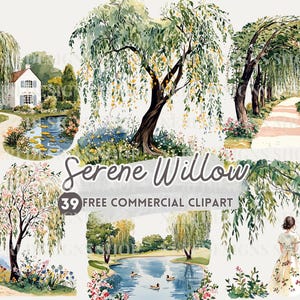 Clipart aquarelle de saule, scène de nature sereine PNG commercial gratuit, saule pleureur, autocollant esthétique rustique, art du paysage d'arbre