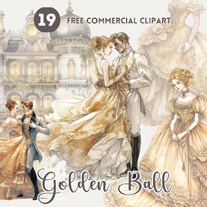 Vintage golden ballroom watercolor clipart bundle, Vintage couple dancing Free commercial PNG set, Vintage Lady, mansion illustration