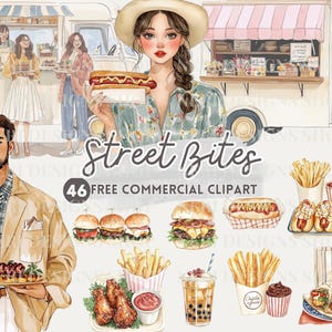 フードトラックの水彩画クリップアート、屋台料理の無料商用PNG、都会の食べ物、ピザを食べる女の子、ファーストフード、ホットドッグ、ハンバーガー、タコスのグラフィック