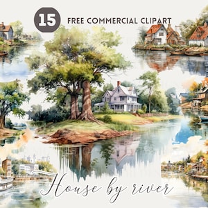 Huis aquarel clipartbundel rivieroever, rivierboot gratis commerciële png-set, rustieke woning, gezellige waterkant, Serene Riverbank-afbeelding