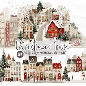 Julradhus i akvarell Clipart, Vinterby och stadsgata gratis reklam, Festligt grannskap, Mysigt semesterhus, Snöig park