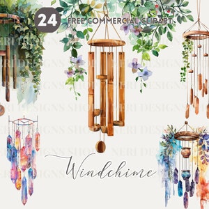 Paquete de imágenes prediseñadas de acuarela de campanilla de viento serena, Conjunto de PNG comercial gratuito de decoración de campanilla de viento de jardín, Campanilla de viento de concha marina, Gráfico de campana de viento de madera