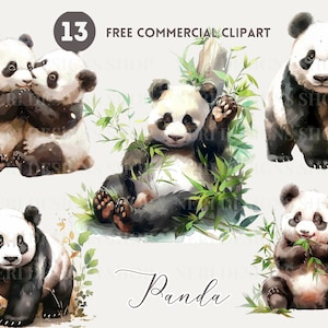 Bundle de cliparts aquarelle panda mignon, panda chinois gratuit PNG commercial, panda mangeant du bambou, panda jouant, graphique ludique de la faune