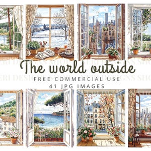 May include: Watercolor illustrations of open windows showcasing various scenic views. The images depict landscapes such as a snowy field, a city skyline, and a coastal scene. The text "The world outside" and "41 JPG IMAGES" are also visible.