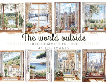 Imágenes prediseñadas de acuarela con vista de ventana, escena de puerta de balcón, publicidad gratuita, campo invernal, lago, océano, vista al bosque, ciudad otoñal, escena urbana primaveral.