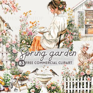 Bloemen tuinieren aquarel clipart, tuinhek gratis commerciële png, tuinthema sticker, tuinhek, bloem water geven, afbeelding vogelbad