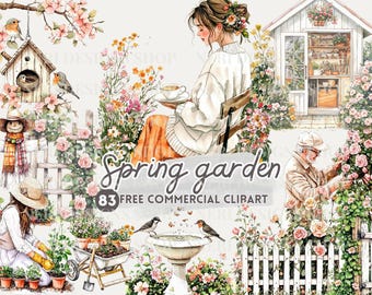 Clipart de acuarela de jardinería floral, puerta de jardín PNG comercial gratuita, calcomanía con tema de jardín, cerca de jardín, flor de riego, imagen de baño para pájaros