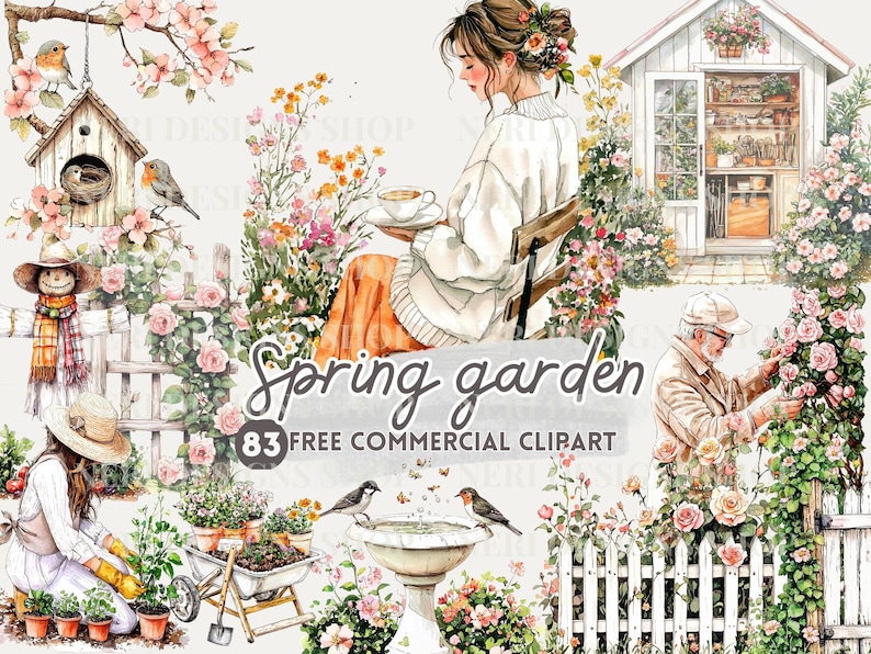 Puede incluir: Una ilustraci&oacute;n de acuarela de una escena de jard&iacute;n de primavera con una mujer sentada en un banco, un espantap&aacute;jaros, un ba&ntilde;o de p&aacute;jaros, una casa de p&aacute;jaros, un cobertizo de jard&iacute;n y un hombre cuidando un rosal. La ilustraci&oacute;n est&aacute; rodeada de flores y vegetaci&oacute;n.