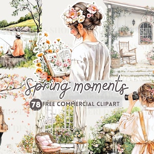 Clipart aquarelle femme florale, publicité gratuite moment printanier, ruisseau floral, fenêtre de printemps, porche de printemps, sticker féminin, fille et oiseau