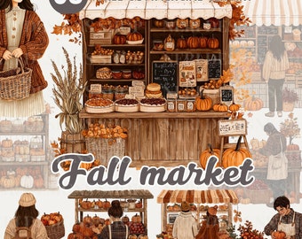 May include: A digital illustration of a fall market with various stalls selling pumpkins, apples, and other autumn produce. The stalls are decorated with fall colors and have signs that say "Fall Market" and "Free Commercial Clipart".